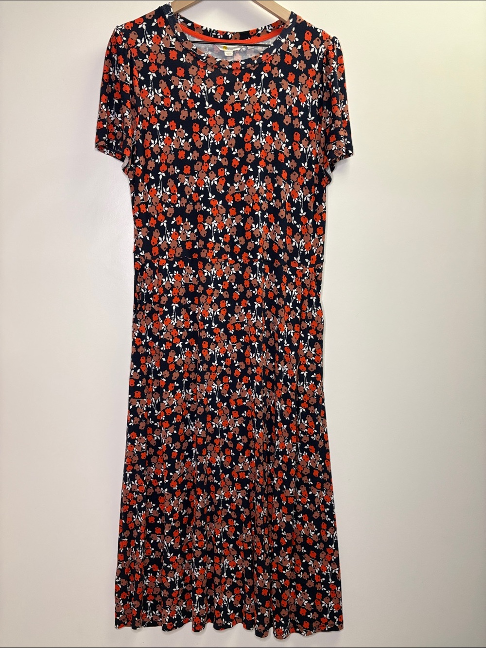 Boden Lucinda Navy Midi Maxi Jersey Knit Poppy Red Floral Dress Pockets 12R